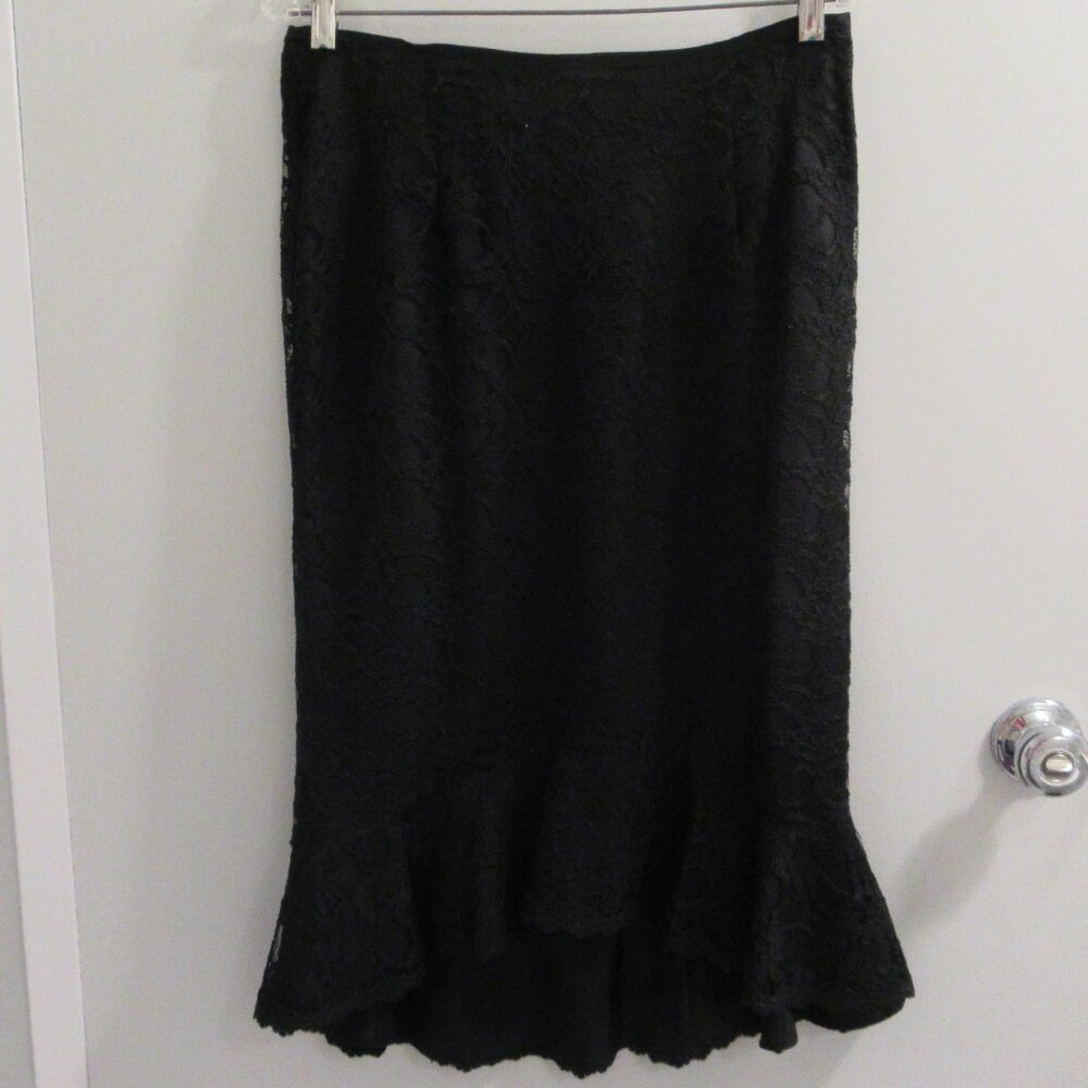 KM Collections By Milla Bell  Black Lace Straight Skirt Hi Low Hem Ruffle  Sz 10